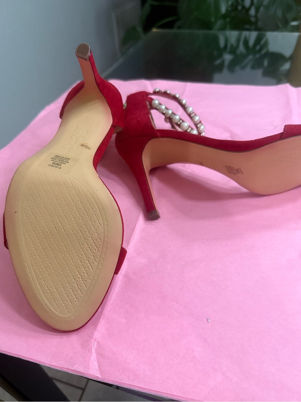 Jessica Simpson Red Pearl-Embellished Ankle-Strap Heels - Picture 5 of 5